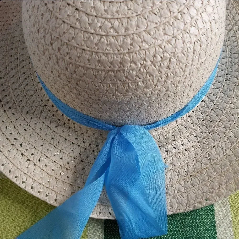 Floppy Wide Brim Summer Sun Beach Hat Natural Color Blue Ribbon Paper